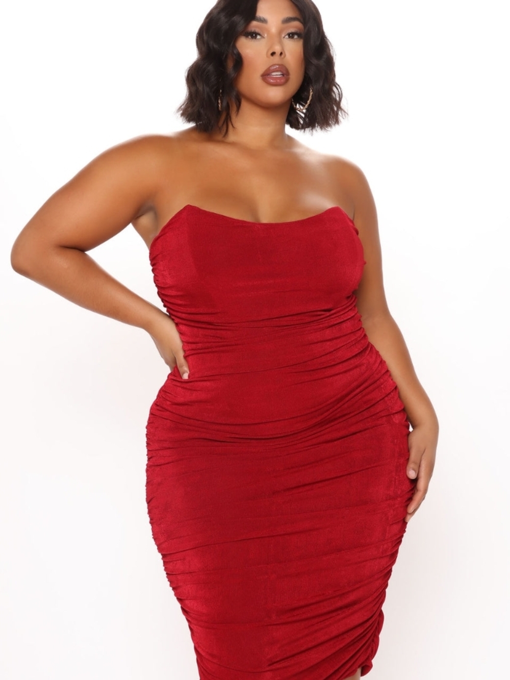 Fashion Nova Strapless Ruched Red Bodycon Dress